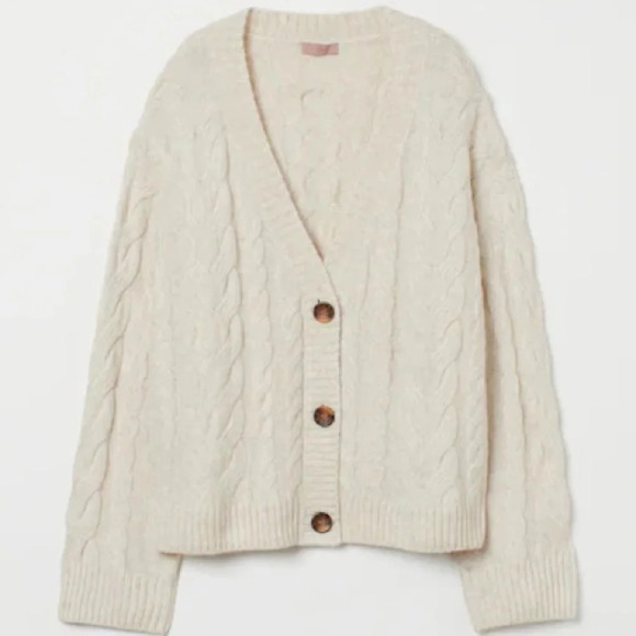 H&M wool chunky cableknit cardigan sweater beige oatmeal vneck button down - Picture 8 of 8